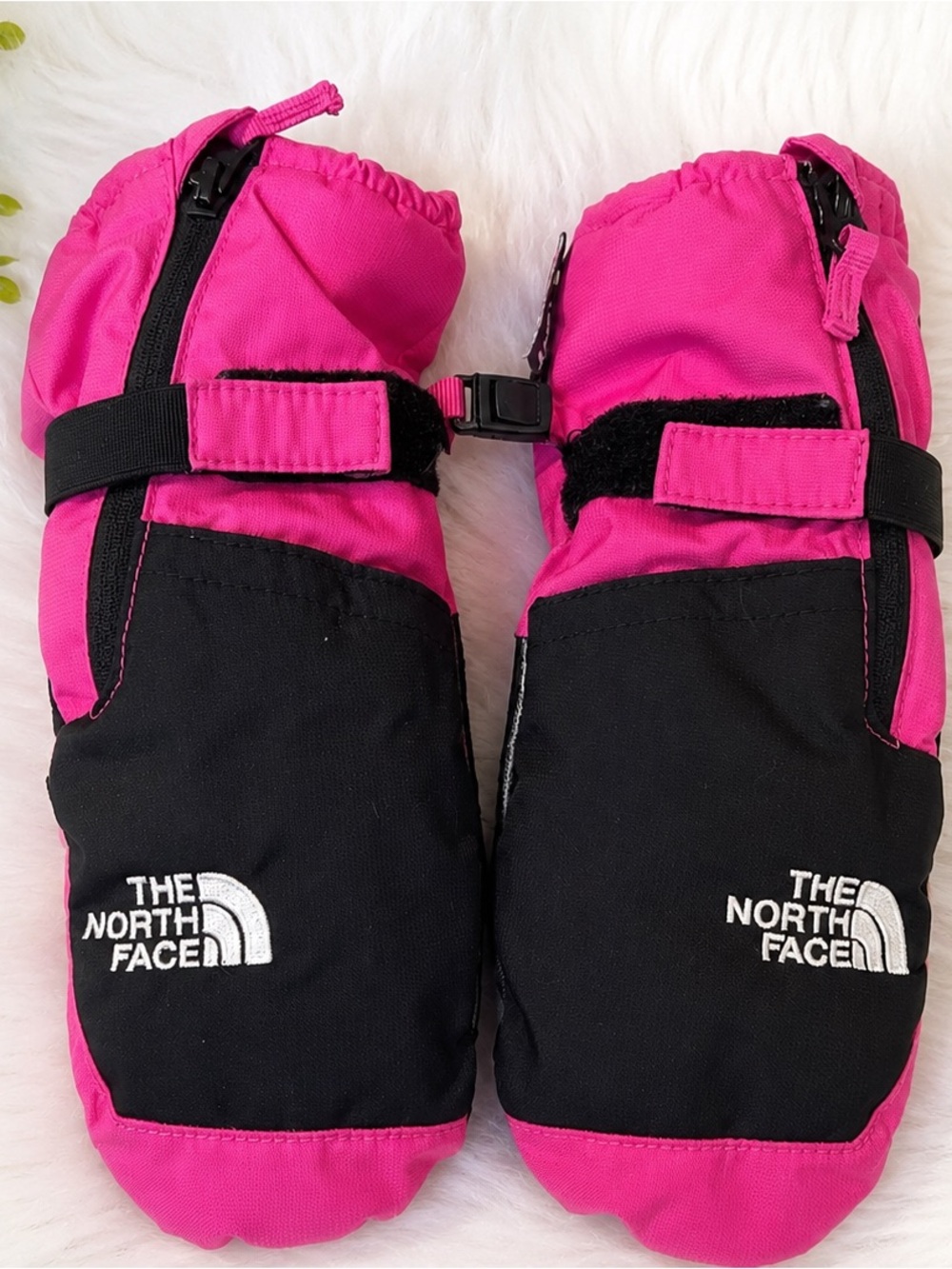 The North Face Kids Pink and Black Snow Mittens with Wrist Clips